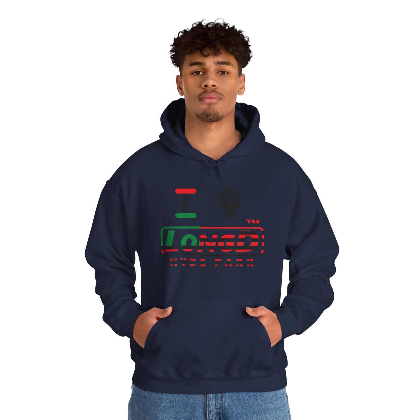 I fist LongD® positive flag front-back Hyde Park logo Hoodie (Juneteenth colors)