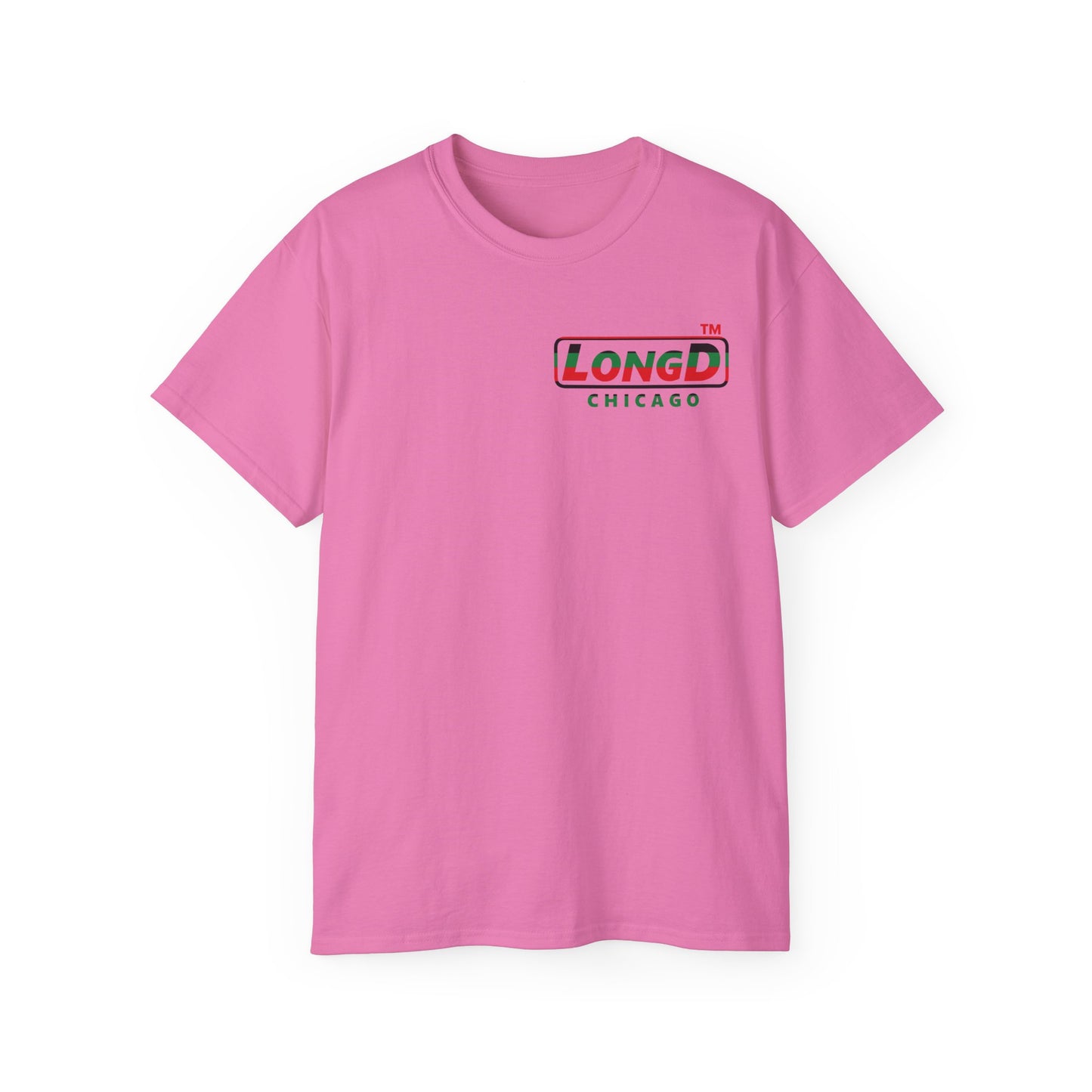 LongD positive horizontal 6-striped Chicago logo single-breasted front-back cotton tee (Juneteenth colors)
