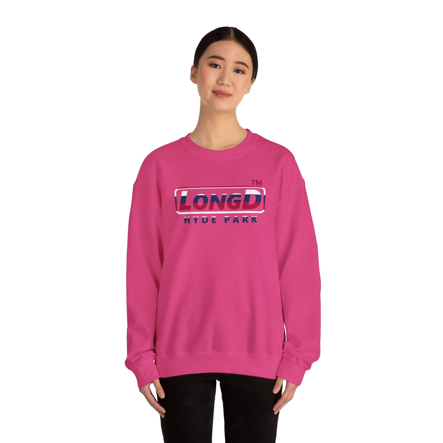 LongD positive horizontal 6-striped Hyde Park logo crewneck sweatshirt (patriotic colors)