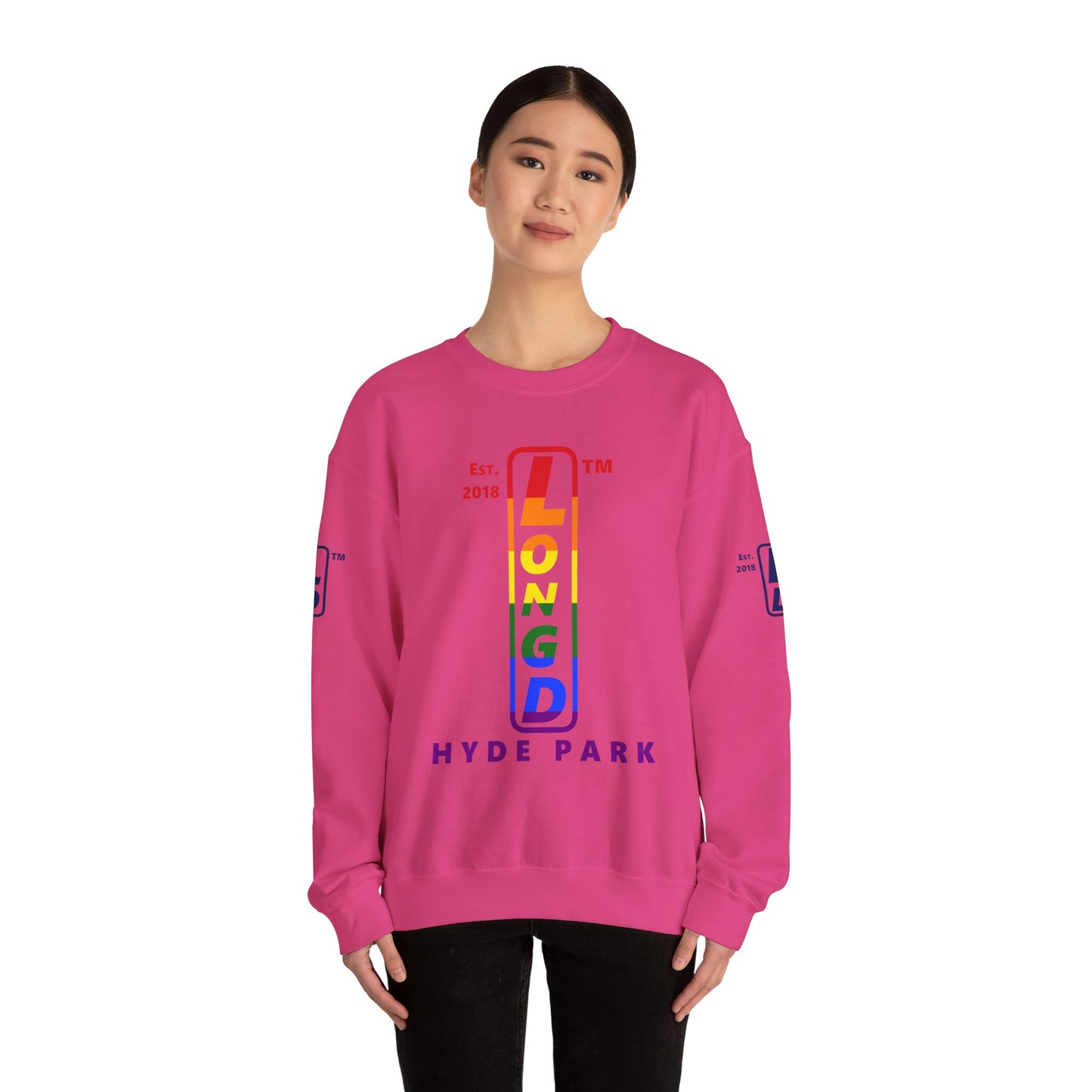 LongD positive horizontal 6-striped Hyde Park 4-print upright logo crewneck sweatshirt (Pride colors)
