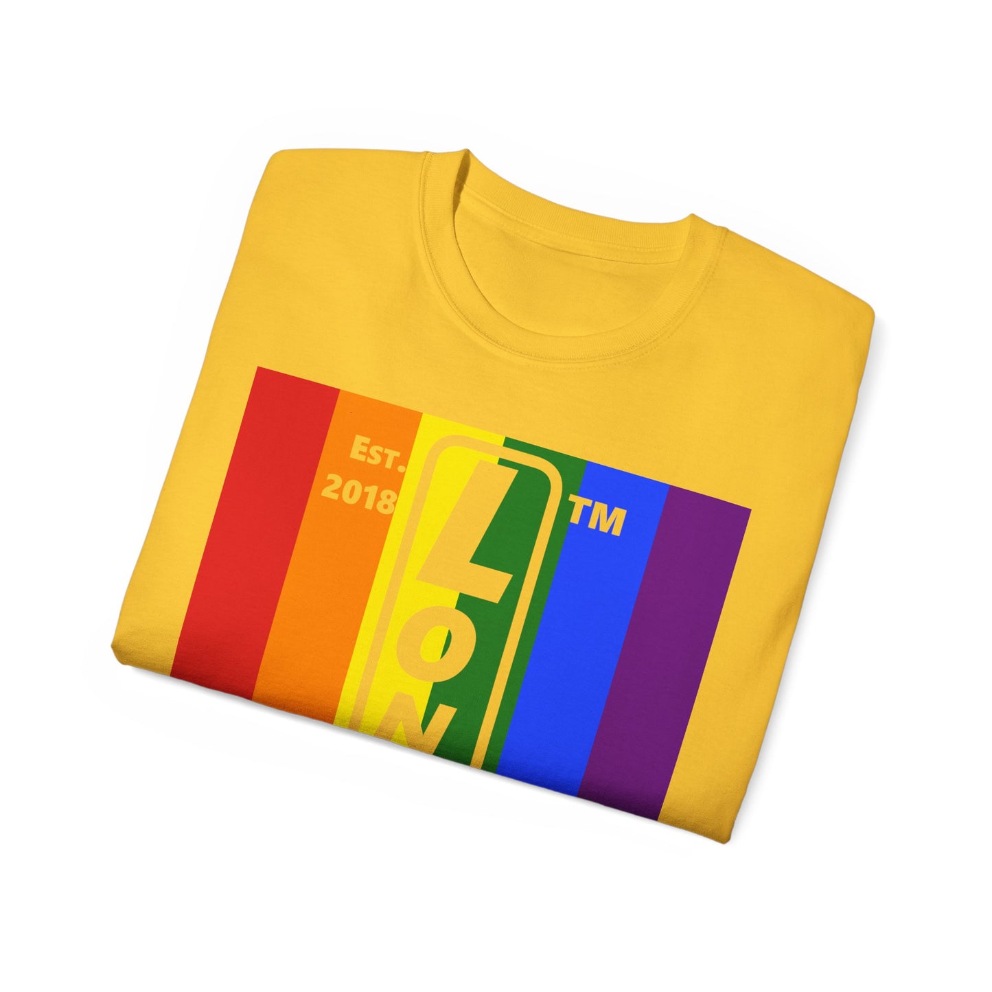 LongD Cotton Tee negative vertical striped Chicago upright logo (Pride colors)