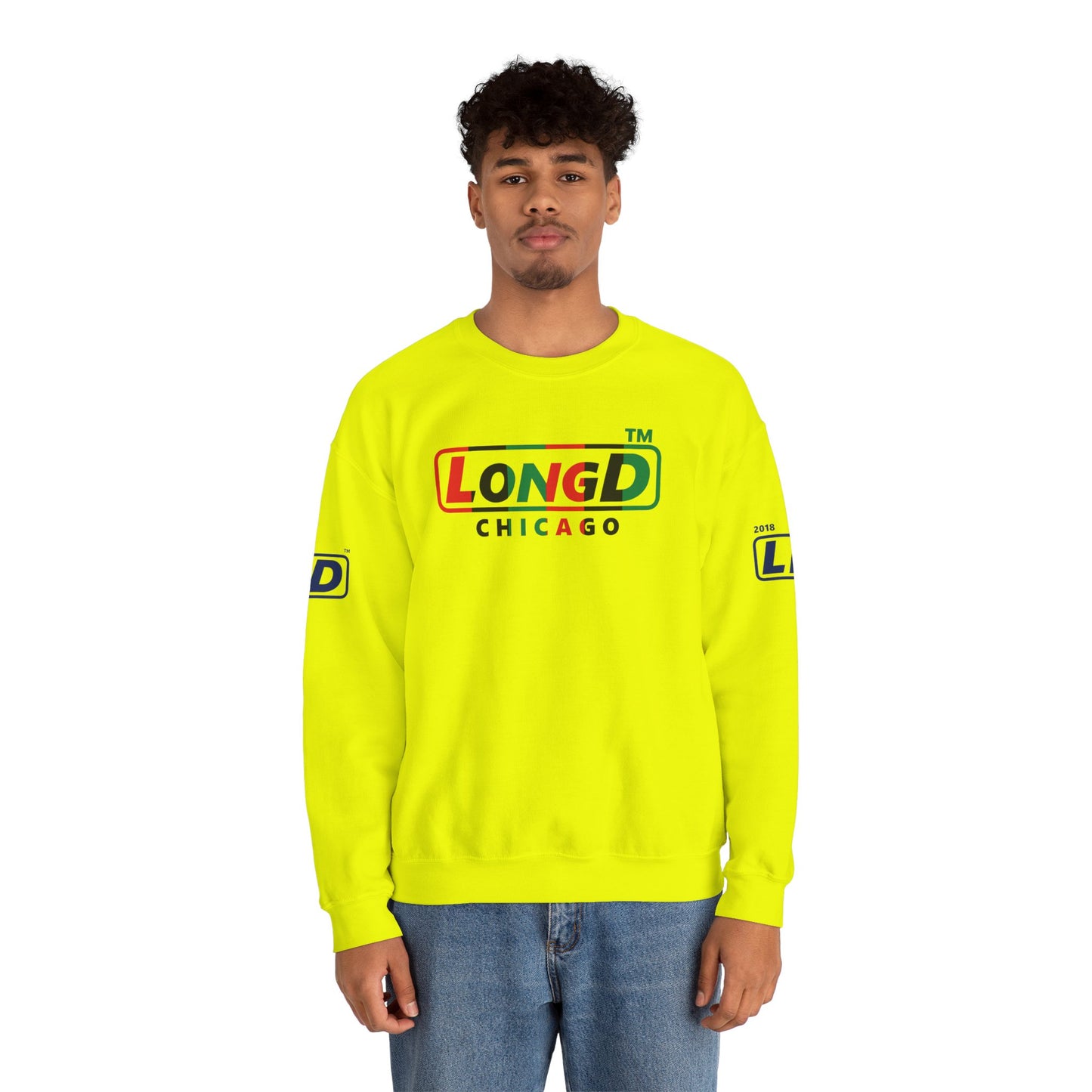LongD positive vertical 6-striped 4-print Chicago logo crewneck sweatshirt (Juneteenth colors)