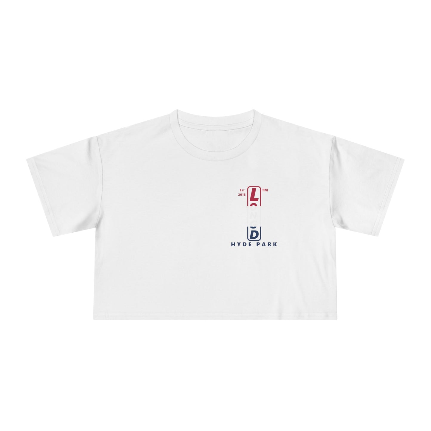 Positive horizontal 3-striped upright single-breasted Hyde Park logo crop tee (Patriotic colors)