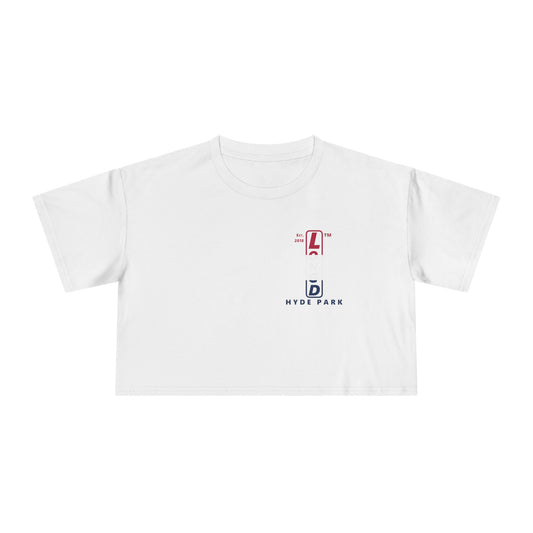 Positive horizontal 3-striped upright single-breasted Hyde Park logo crop tee (Patriotic colors)
