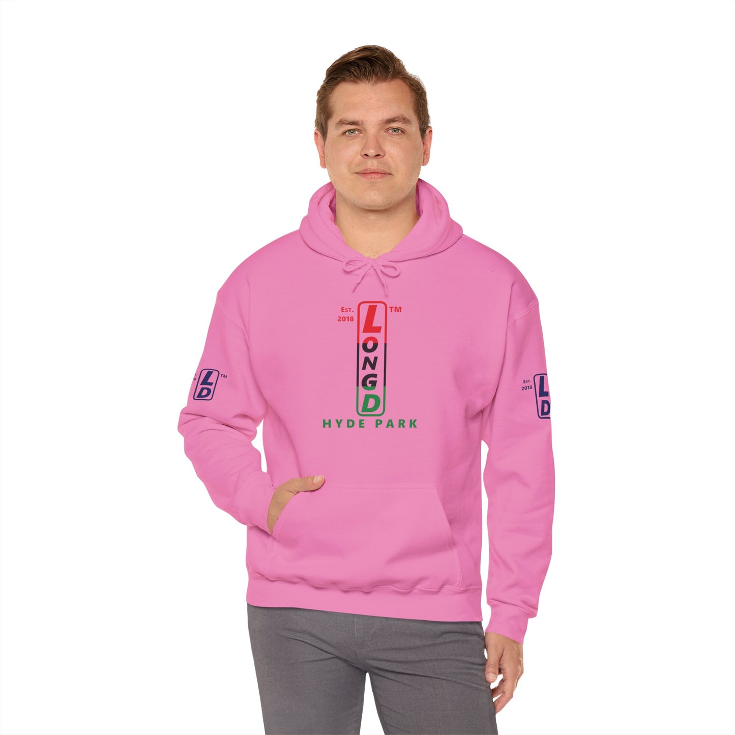 LongD® positive horizontal 3-striped Hyde Park 4-print upright logo hoodie (Juneteenth colors)