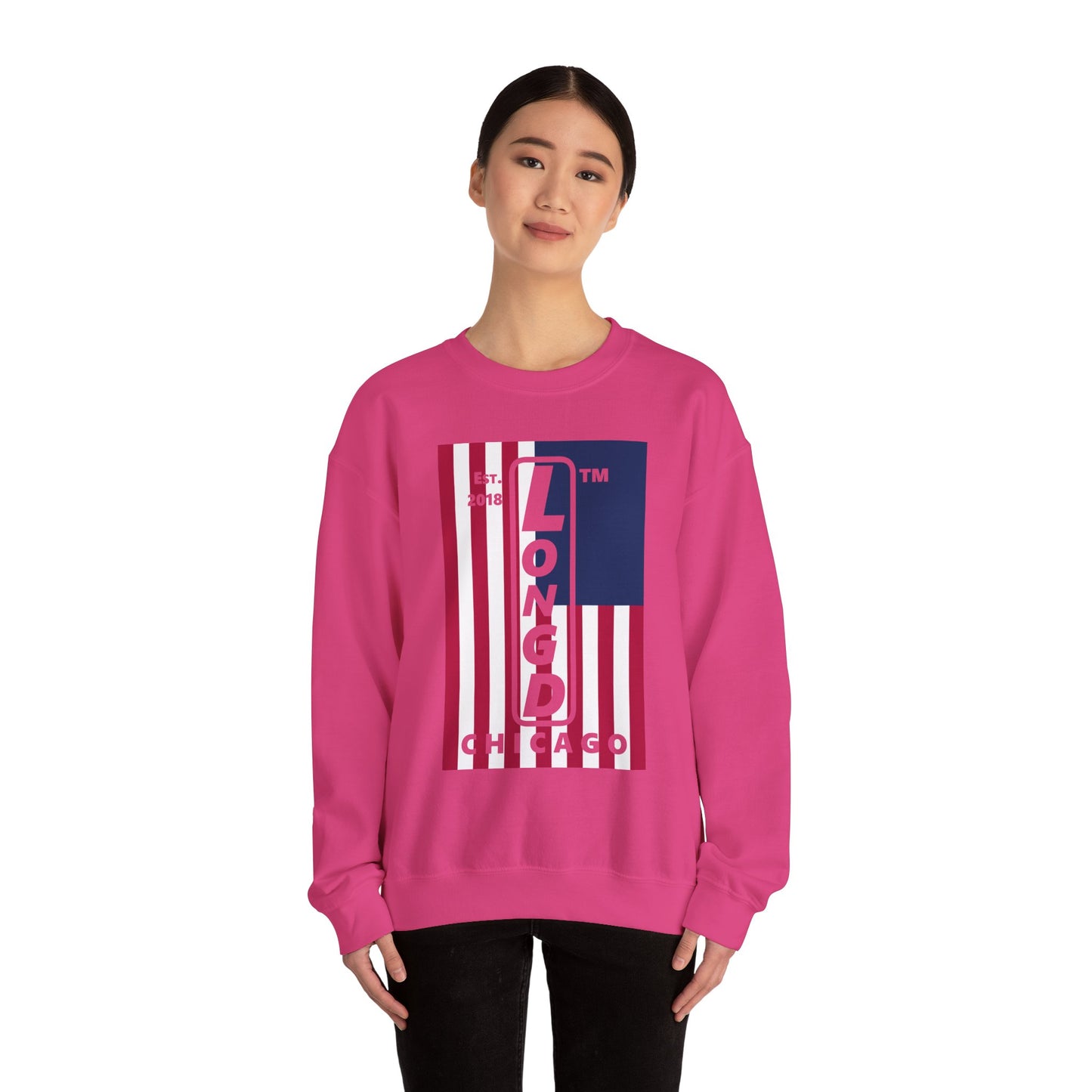 LongD negative cropped flag Chicago logo crewneck sweatshirt (patriotic colors)