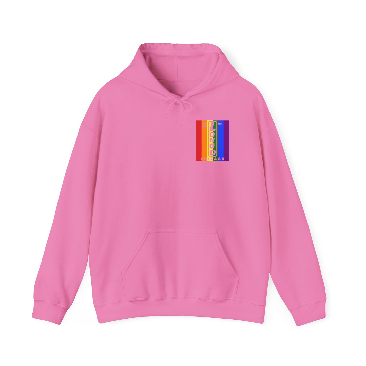 LongD single-breasted negative vertical 6-striped front-back upright Chicago logo hoodie (Pride colors)