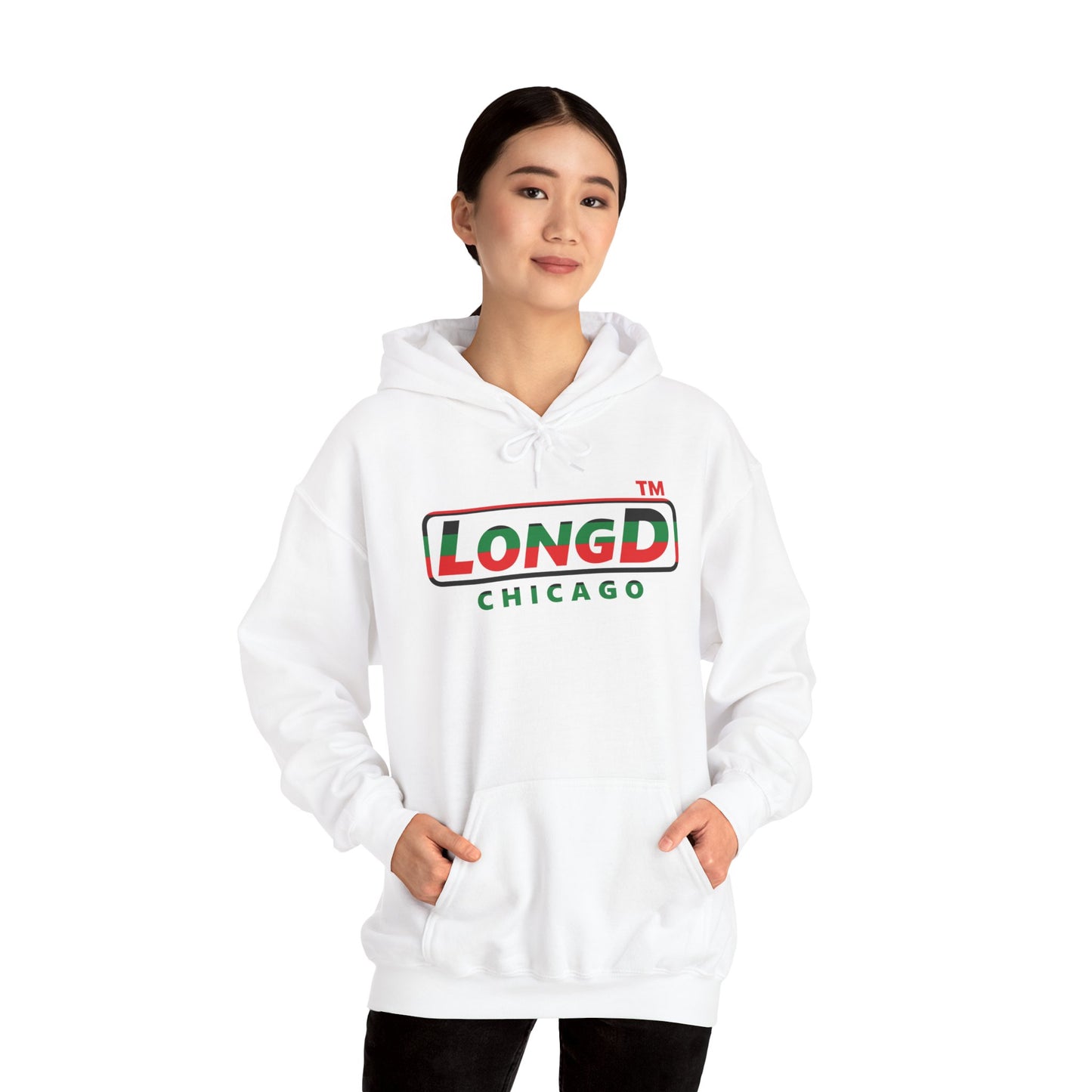 LongD® positive horizontal 6-striped Chicago logo Hoodie (Juneteenth colors)