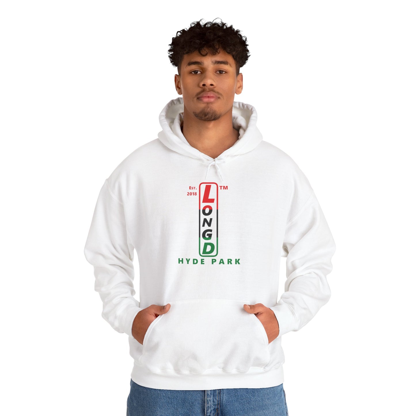 LongD® positive horizontal 3-striped upright Hyde Park logo hoodie (Juneteenth colors)