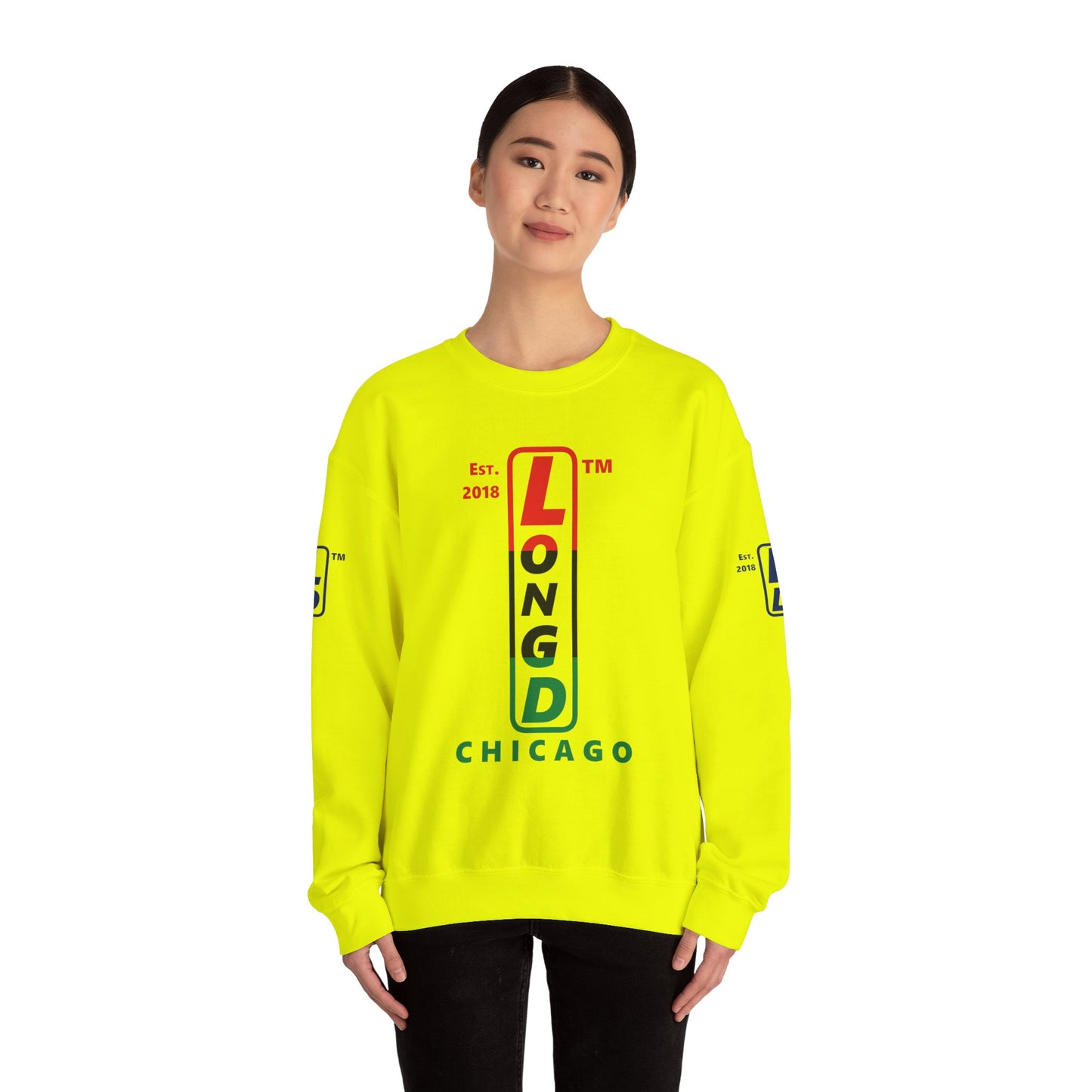 LongD positive horizontal 3-striped Chicago 4-print upright logo crewneck sweatshirt (Juneteenth colors)