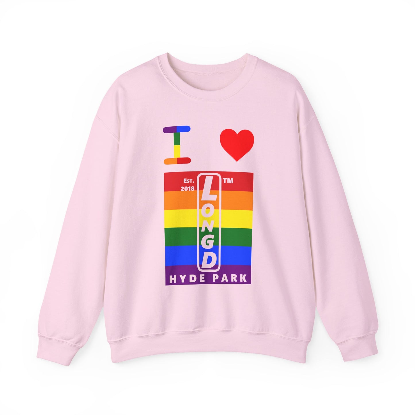 I Luv LongD negative horizontal 6-striped Hyde Park upright logo crewneck sweatshirt