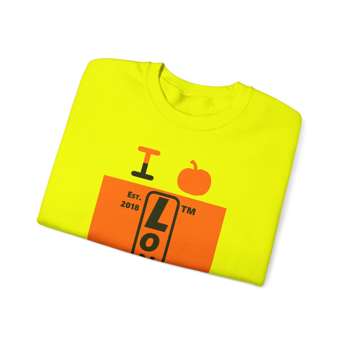 I pumpkin LongD Tag upright logo positive black on negative orange crewneck sweatshirt