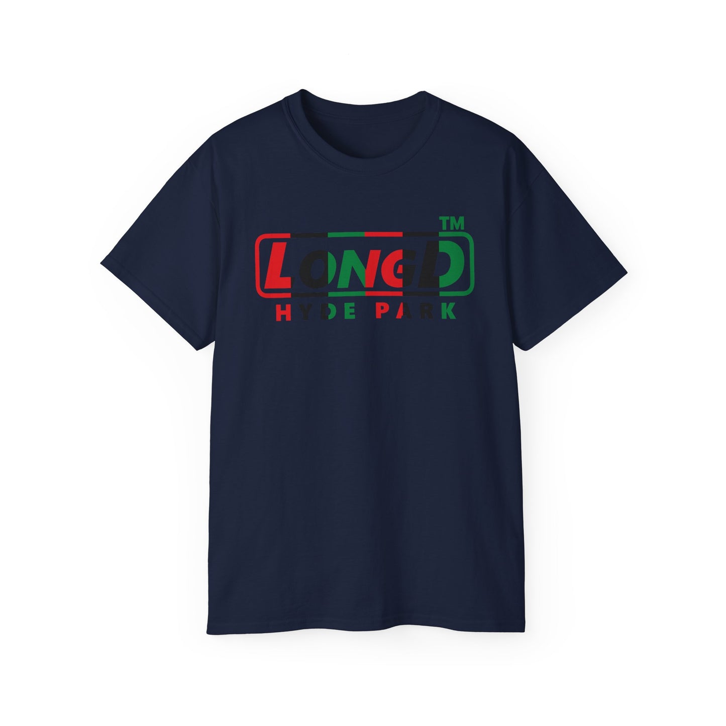 LongD positive vertical 6-striped Hyde Park logo cotton tee (Juneteenth colors)