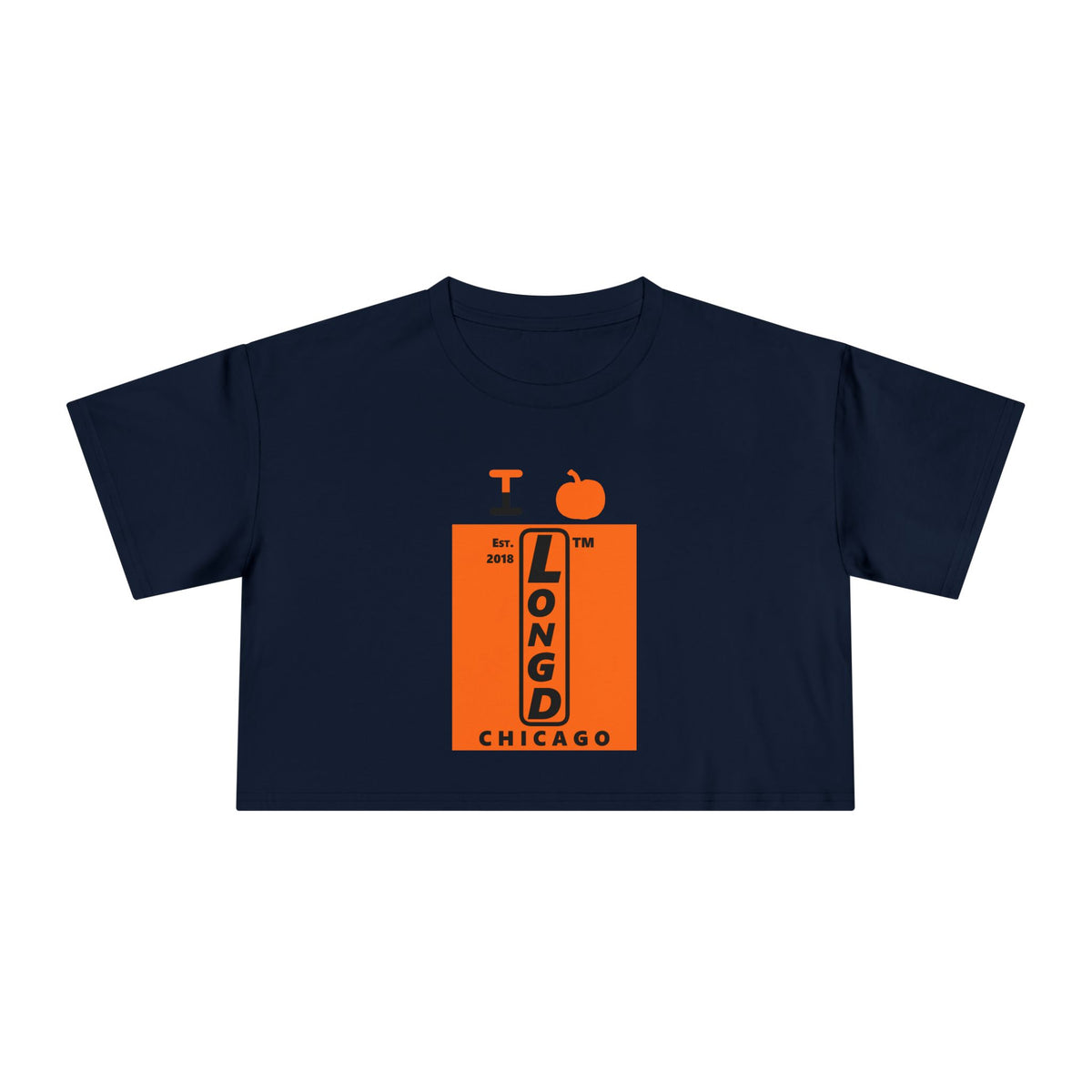 I pumpkin LongD Chicago upright logo positive black on negative orange crop tee