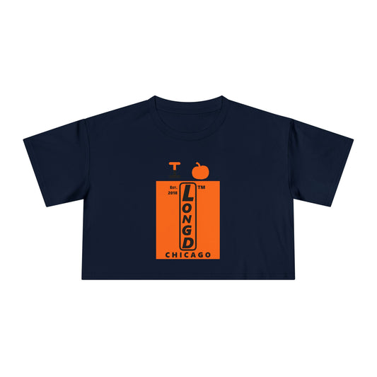 I pumpkin LongD Chicago upright logo positive black on negative orange crop tee