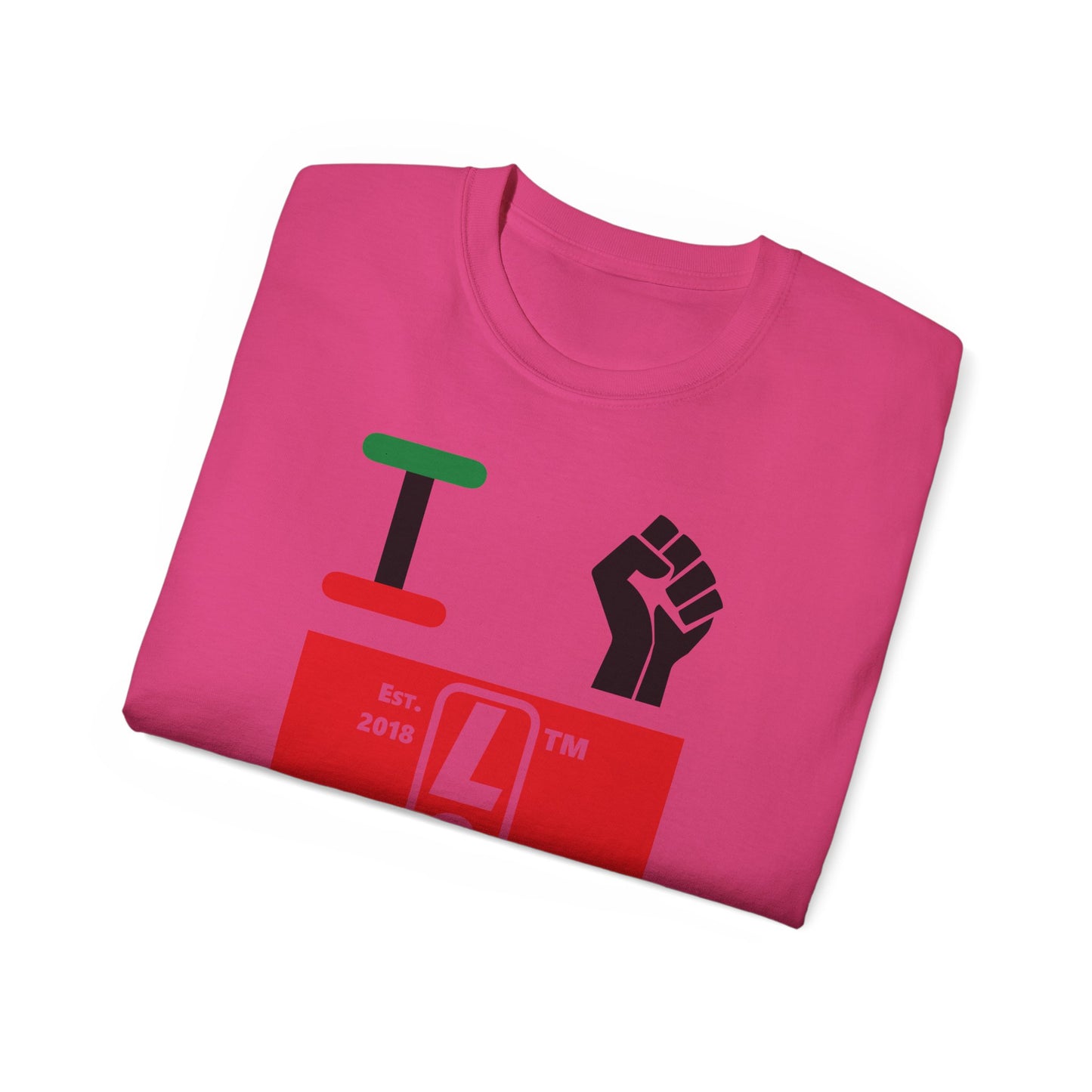 I fist LongD Cotton Tee negative horizontal striped Hyde Park upright logo (Juneteenth colors)