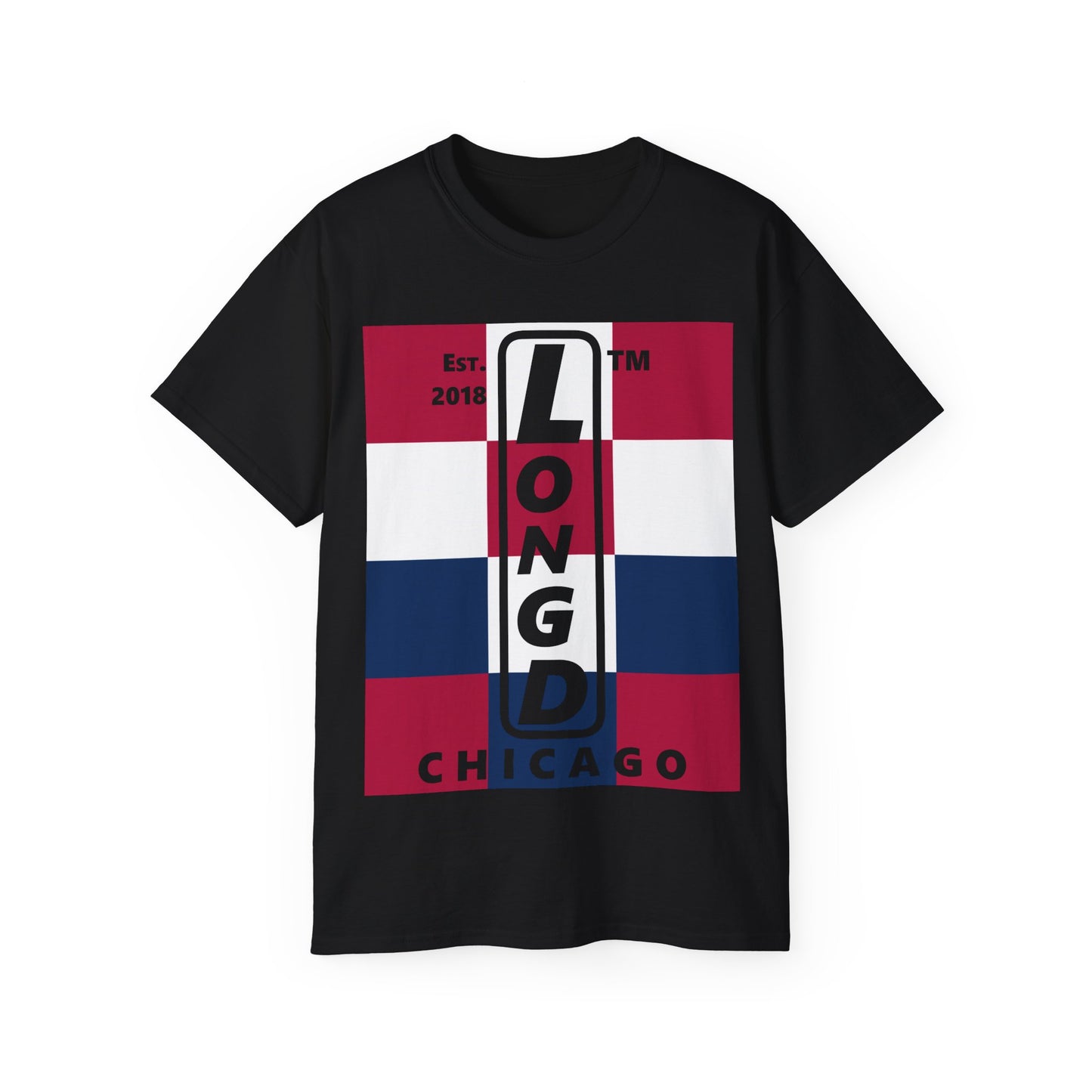 LongD cotton tee negative 4x3 Chicago upright logo (Patriotic colors)