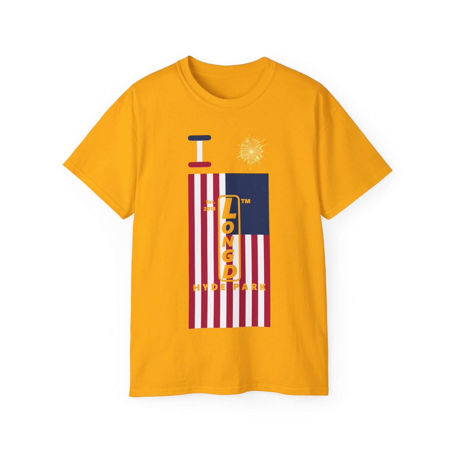I Burst LongD cotton tee negative flag Hyde Park upright logo (Patriotic colors)