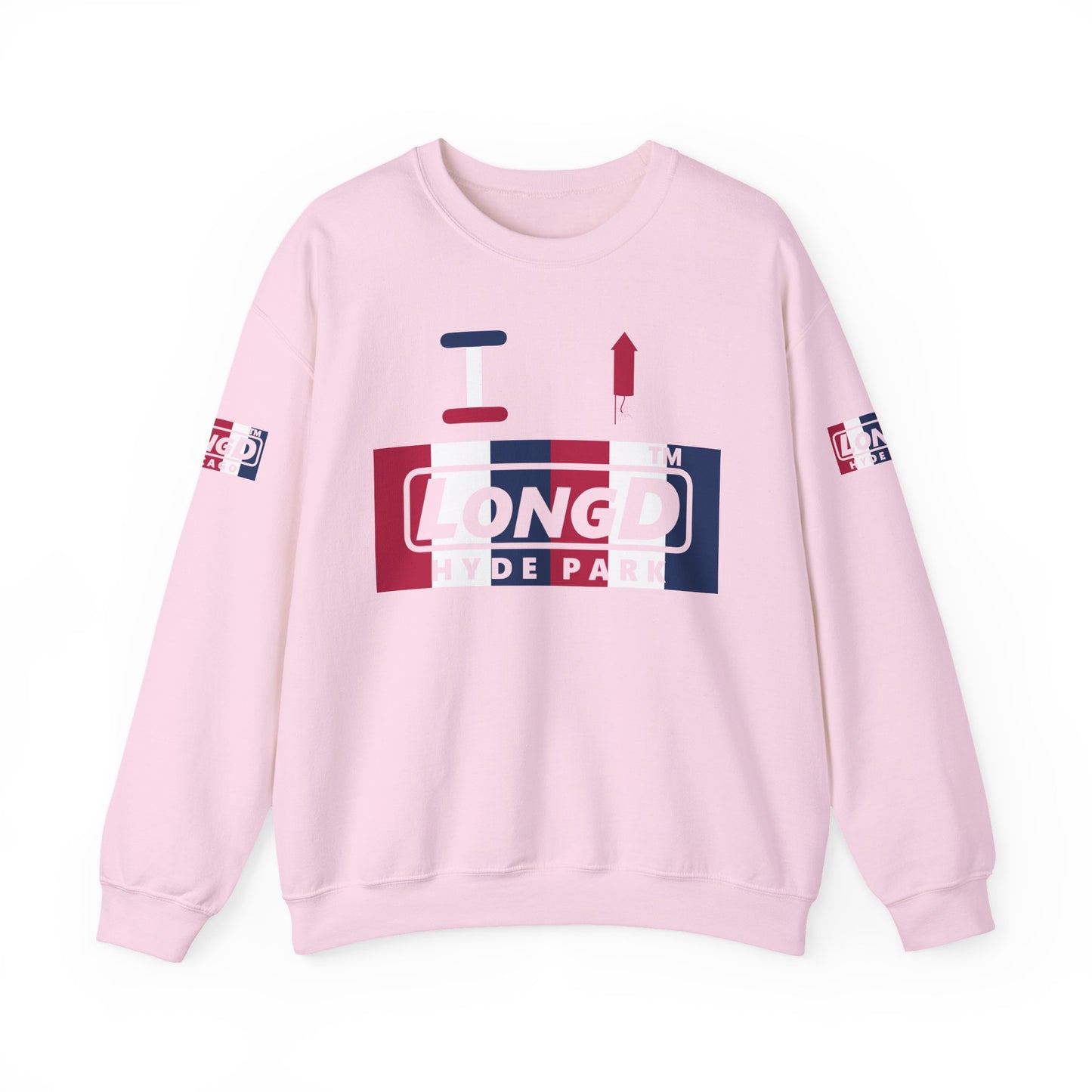 I firecracker LongD positive vertical 6-striped 4-print Hyde Park logo crewneck sweatshirt