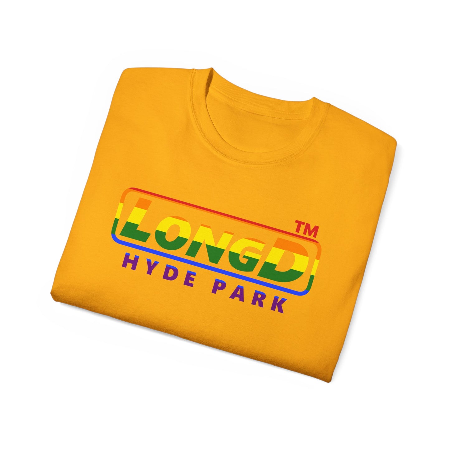 LongD positive vertical striped front-back Hyde Park logo cotton tee (Pride colors)