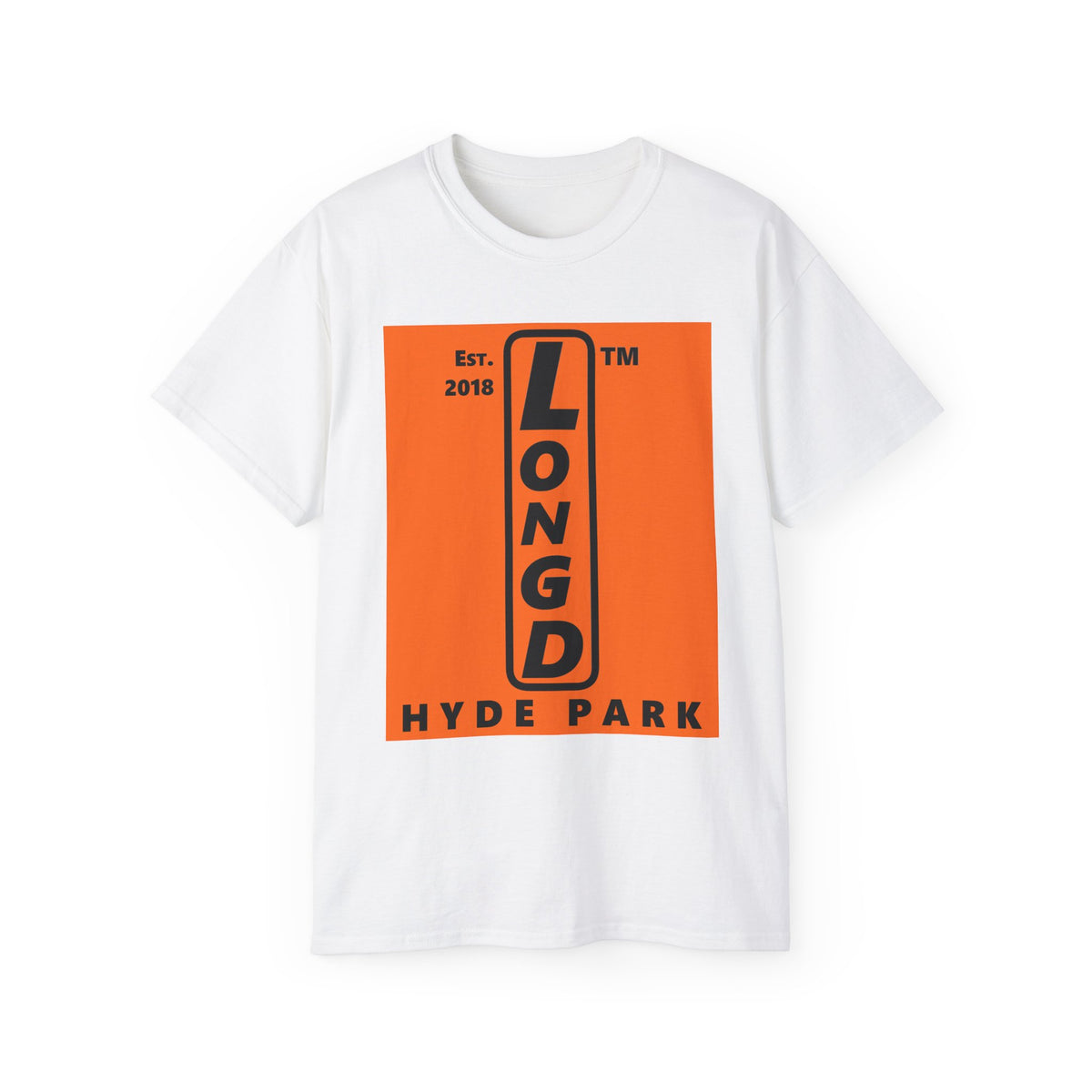 LongD Hyde Park upright logo Black (000000) on orange (FE7518) (Halloween colors) cotton tee
