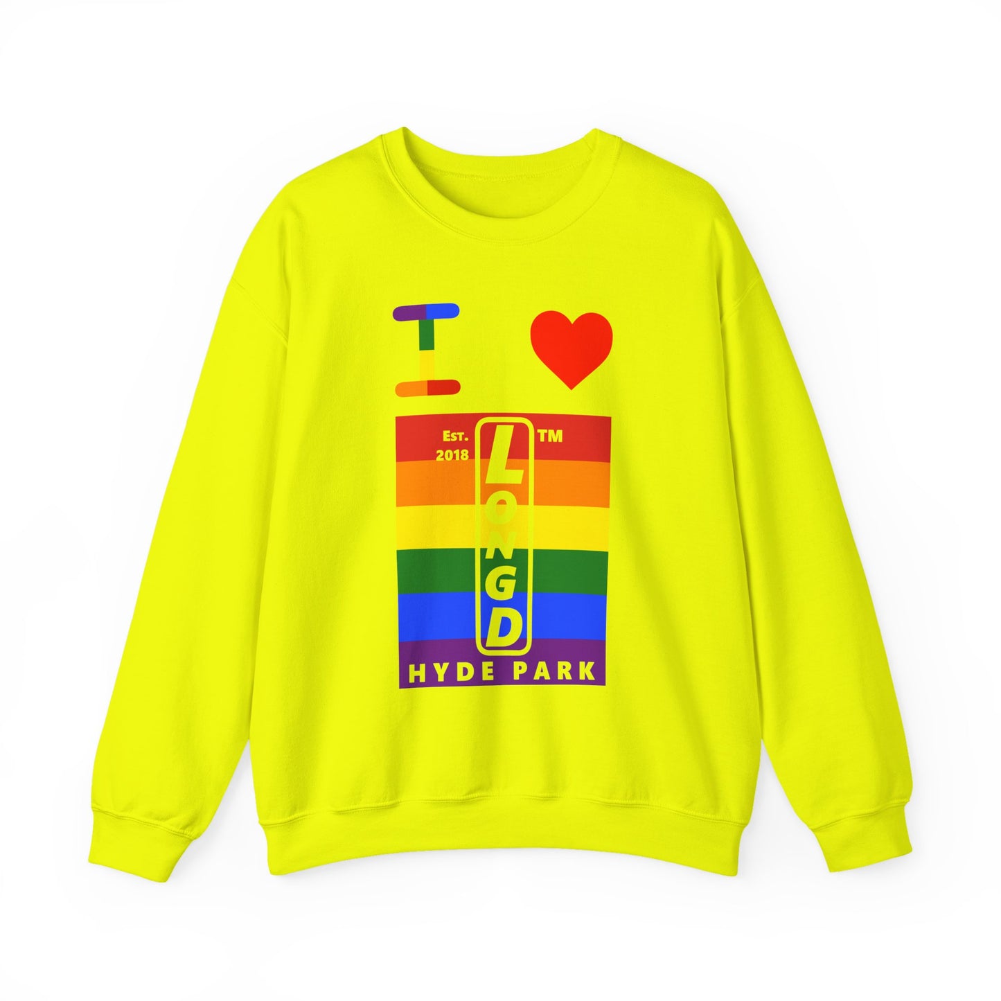 I Luv LongD negative horizontal 6-striped Hyde Park upright logo crewneck sweatshirt