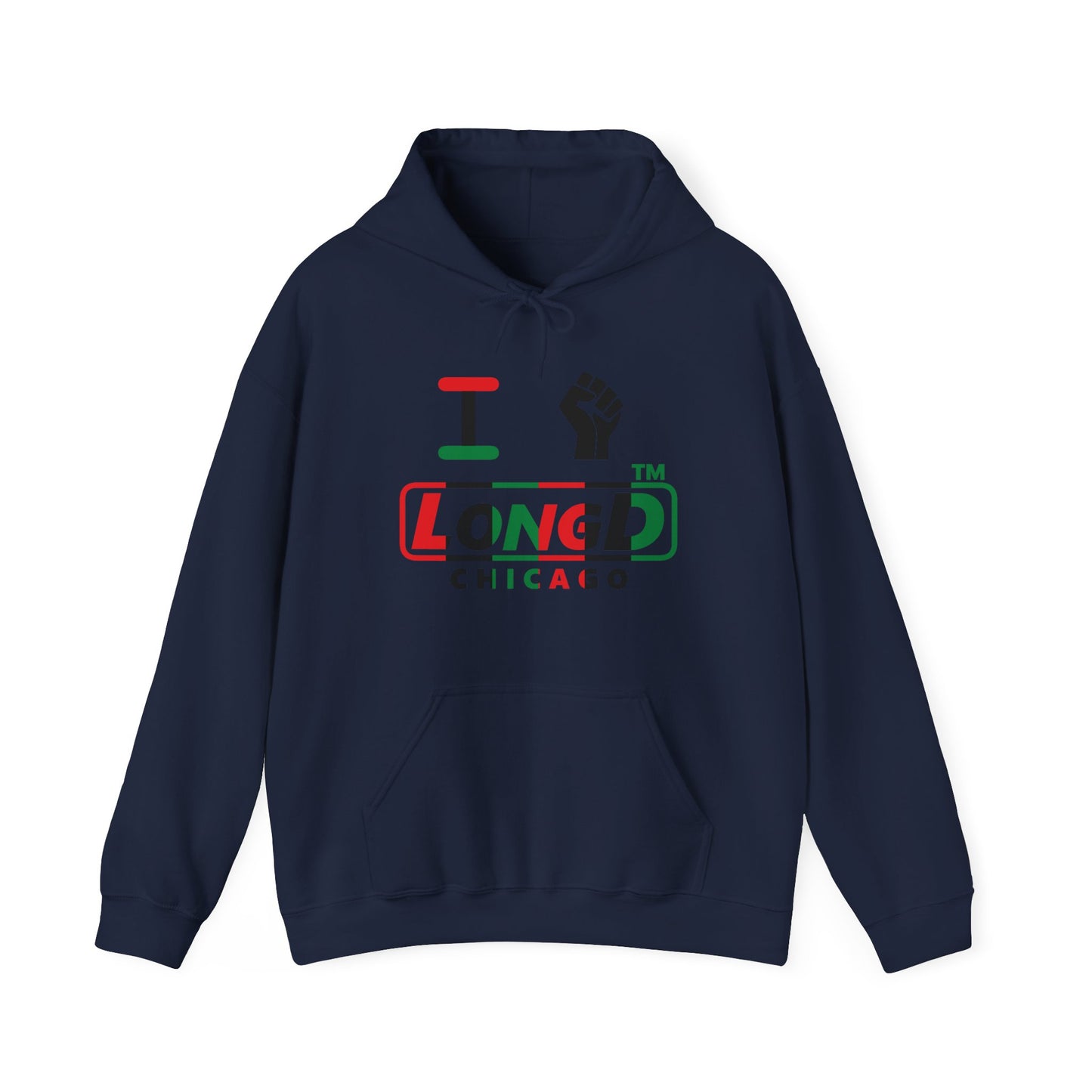 I fist LongD® positive vertical 6-striped Chicago logo Hoodie (Juneteenth colors)