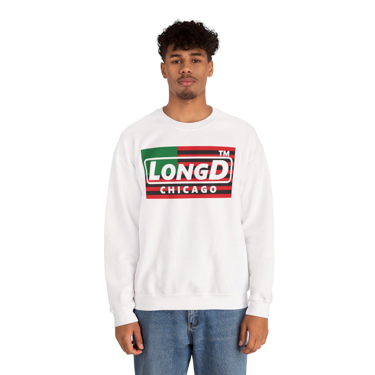 LongD negative flag front-back Chicago logo crewneck sweatshirt (Juneteenth colors)