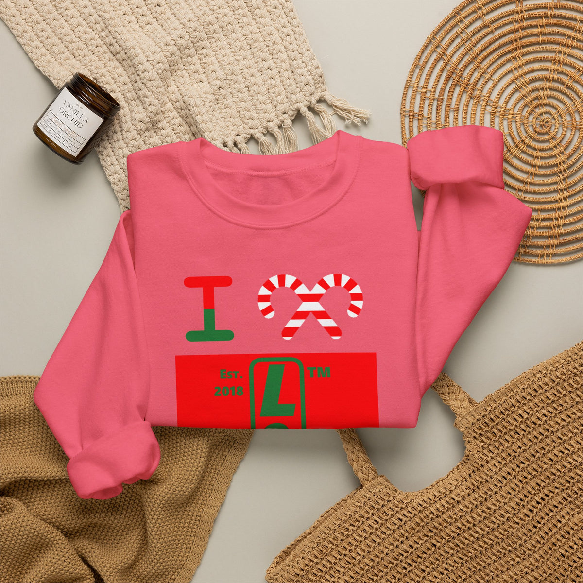 I candy cane LongD Chicago upright logo positive green on negative red crewneck sweatshirt