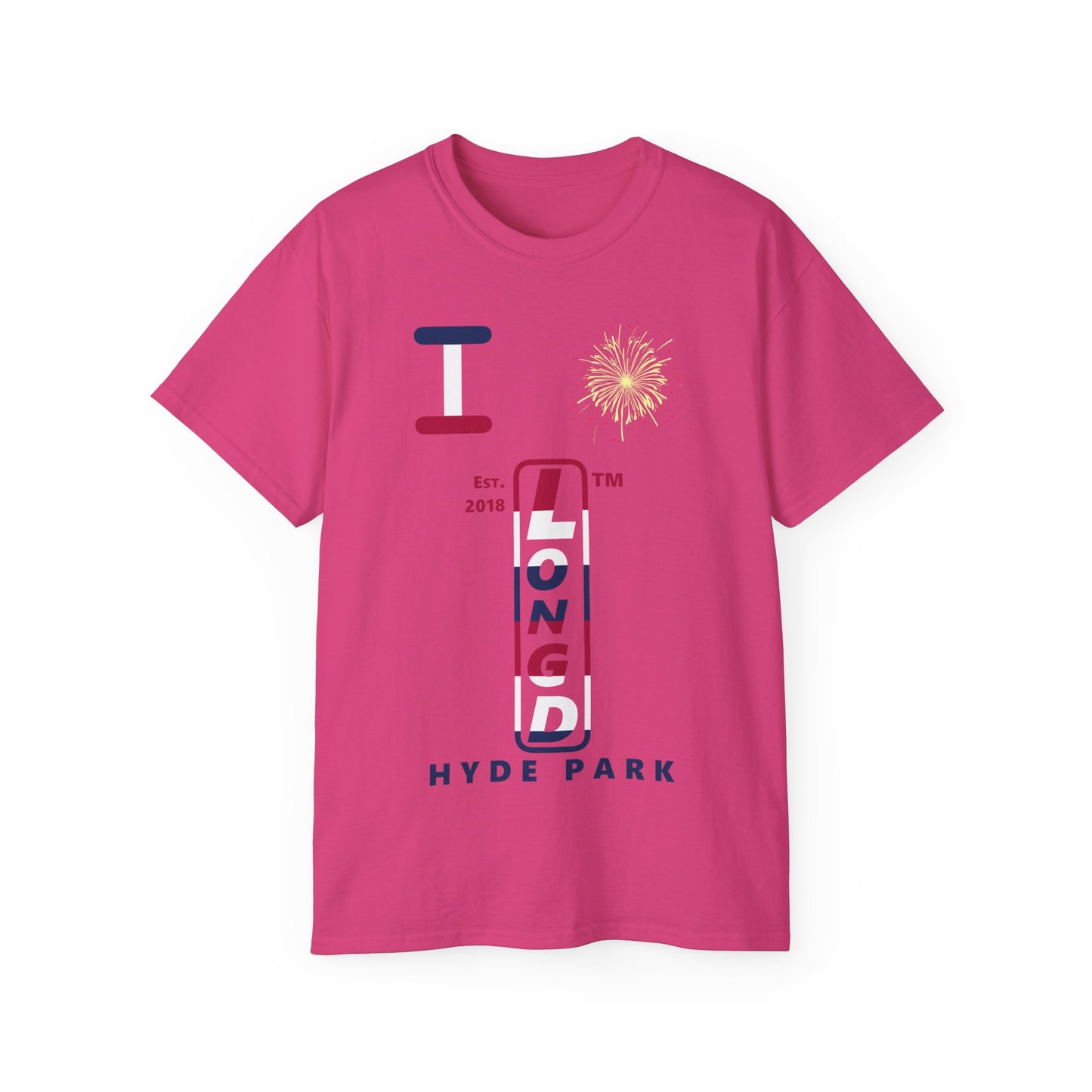 I Burst LongD cotton tee positive horizontal 6-striped Hyde Park upright logo (Patriotic colors)