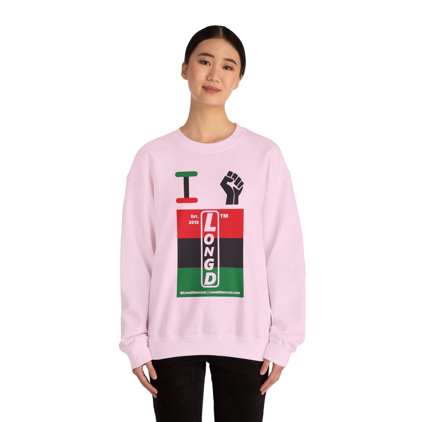 I Fist LongD negative horizontal 3-striped tag-domain upright logo crewneck sweatshirt