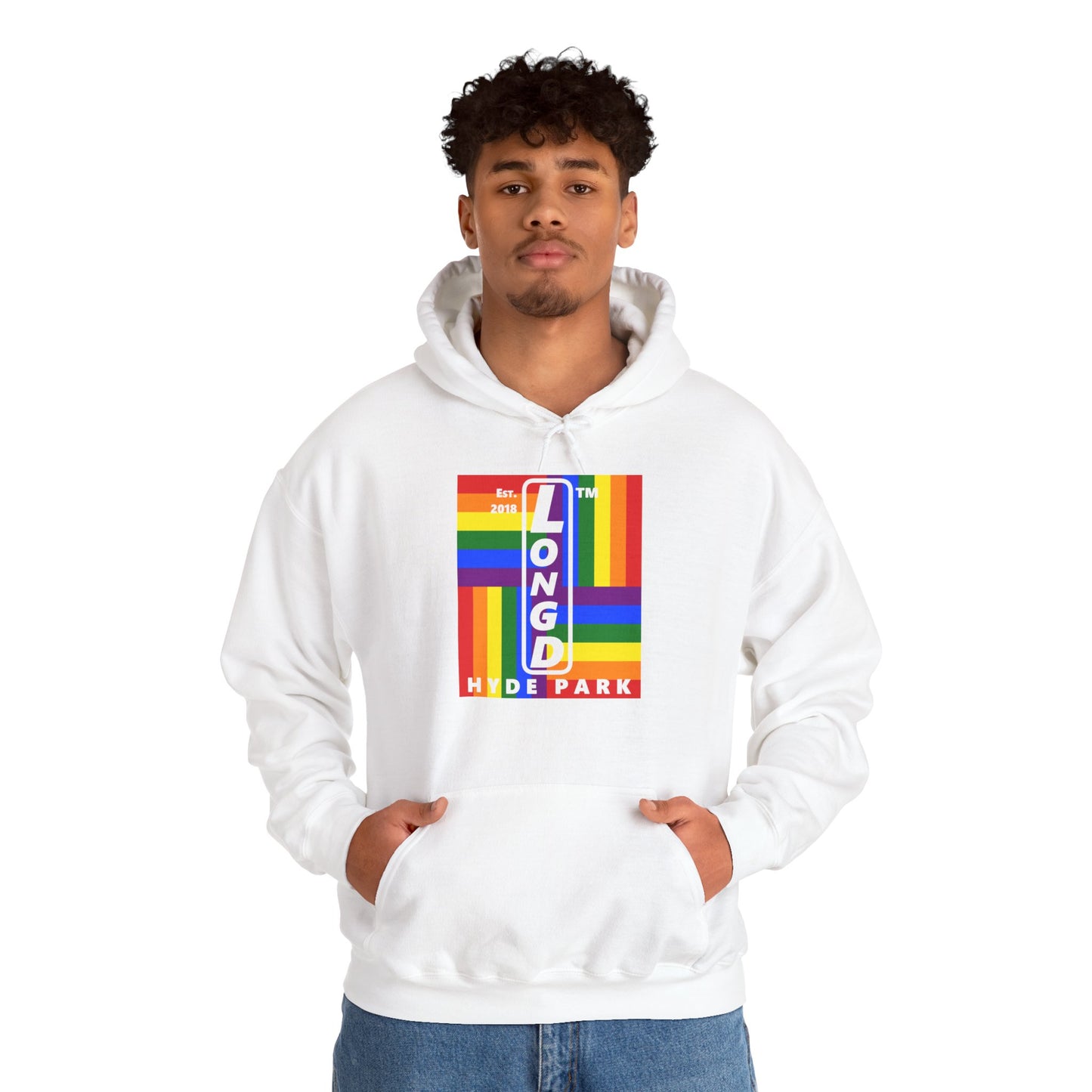 LongD® negative windmill upright Hyde Park logo hoodie (Pride colors)