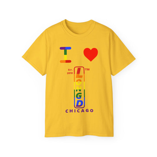 I Luv LongD Cotton Tee positive horizontal striped Chicago upright logo (Pride colors)