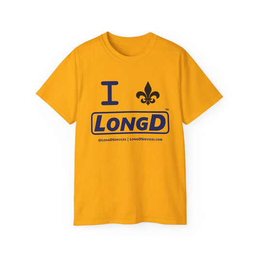 I Fleur LongD® Logo Cotton Tee (blue text & black fleur de lis)