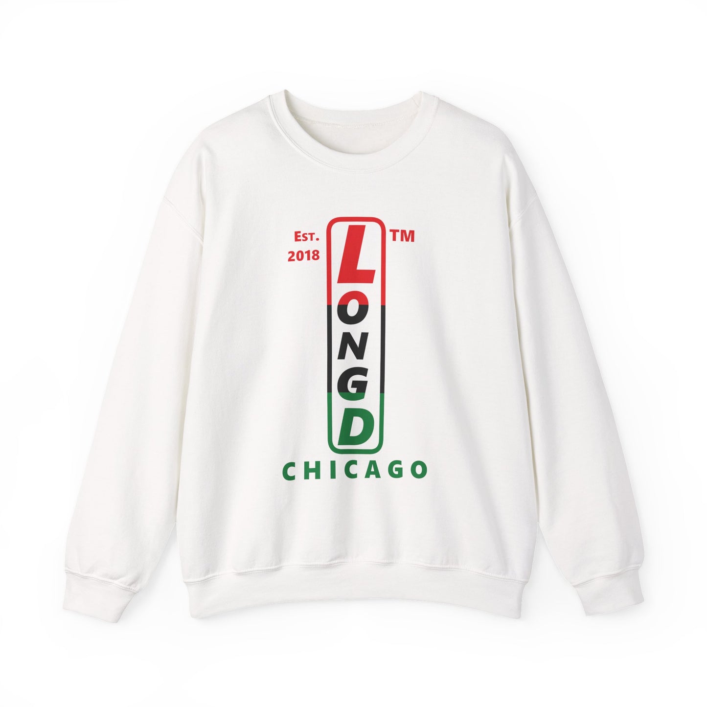 LongD positive horizontal 3-striped Chicago upright logo crewneck sweatshirt (Juneteenth colors)