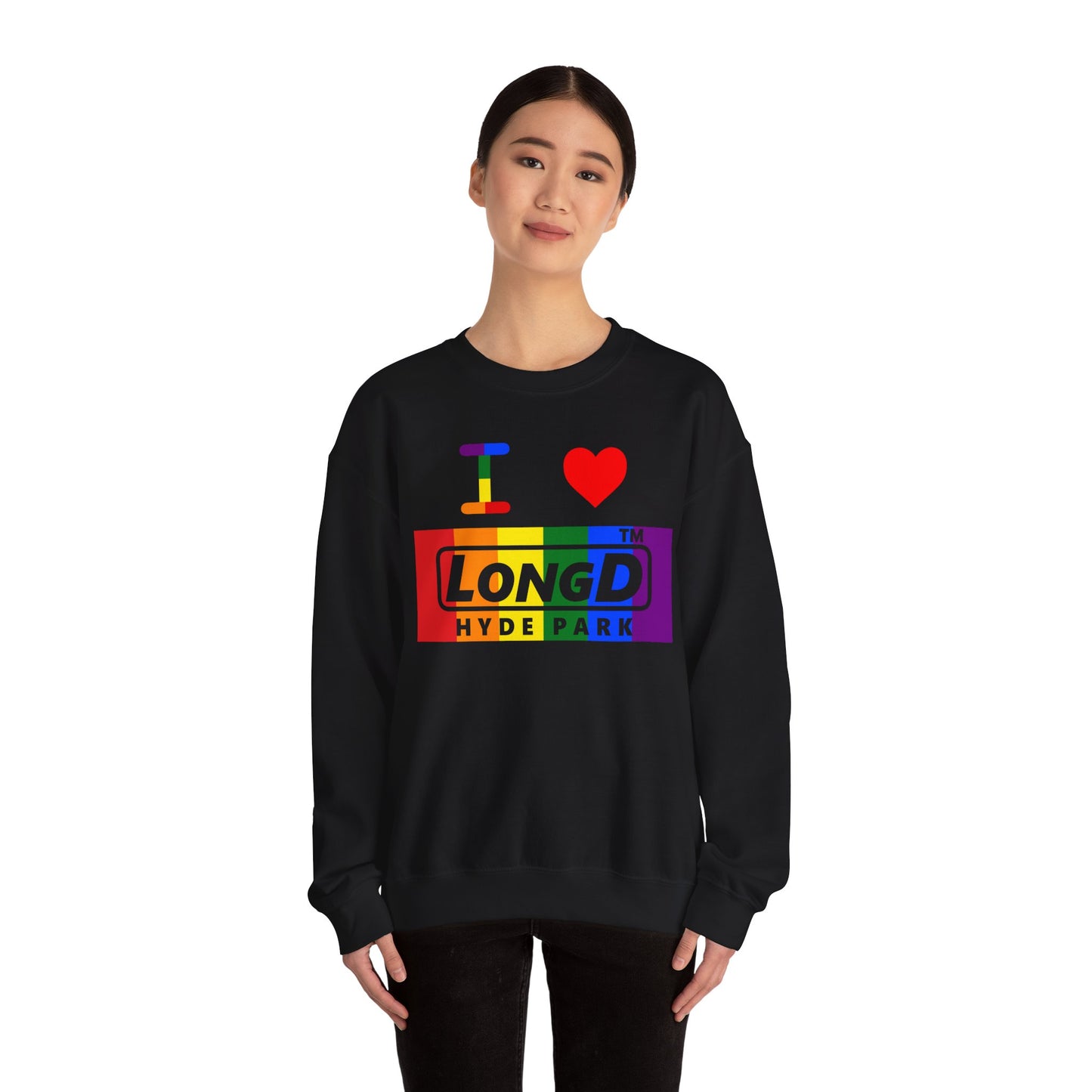I Luv LongD negative vertical striped Hyde Park logo crewneck sweatshirt (Pride colors)