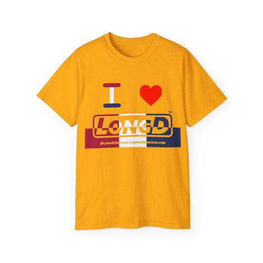 I Luv LongD® Logo Cotton Tee Red, White and Blue positive top negative bottom split thirds text