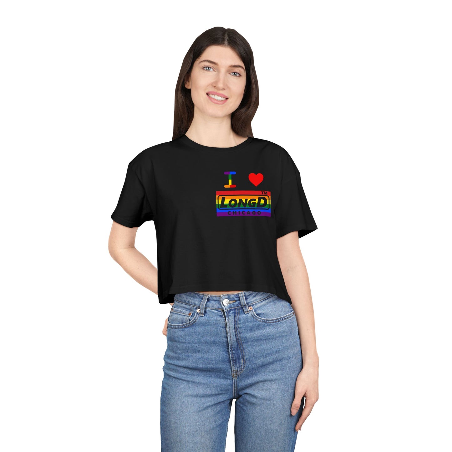 I Luv LongD negative horizontal 6-striped single-breasted Chicago logo reverse front-back crop tee (Pride colors)