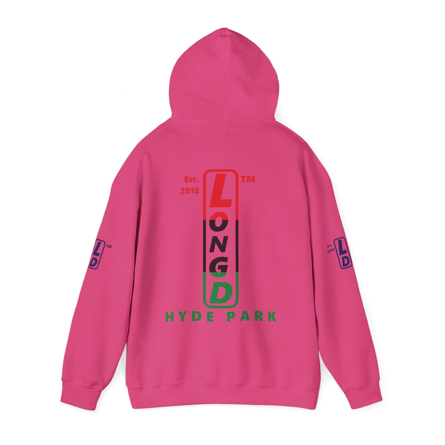 LongD® positive horizontal 3-striped Hyde Park 4-print upright logo hoodie (Juneteenth colors)