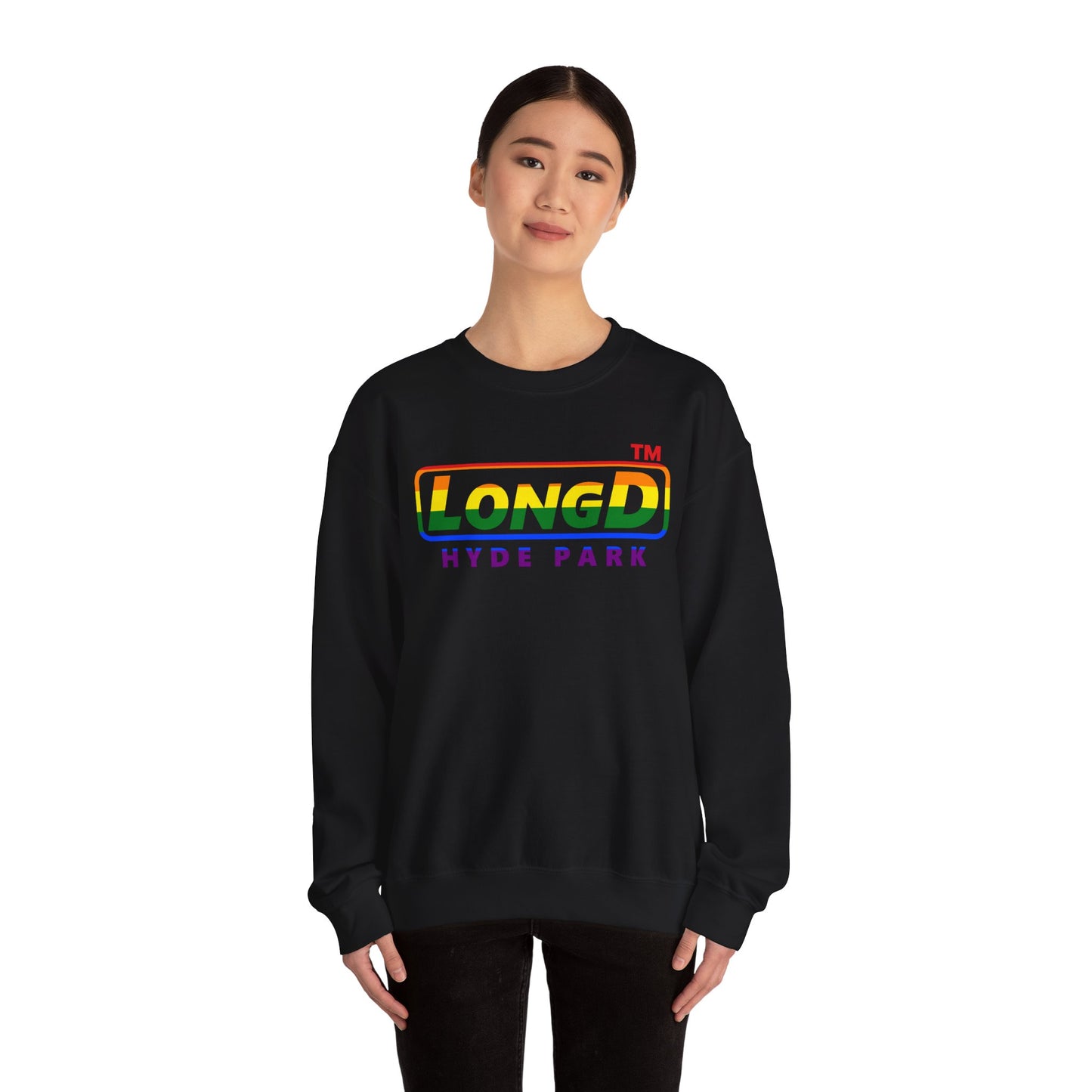 LongD positive horizontal striped Hyde Park logo crewneck sweatshirt (Pride colors)