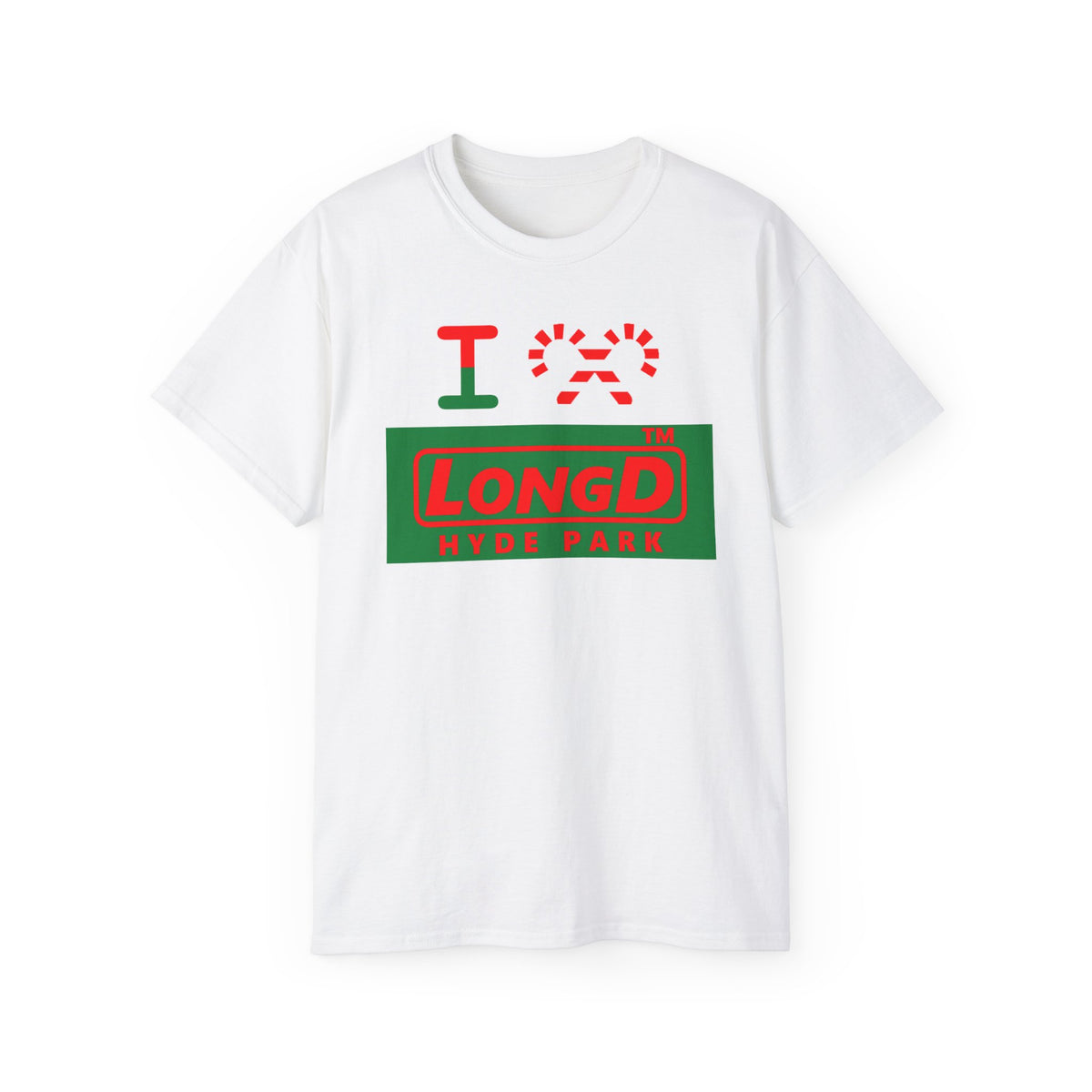 I candy cane LongD Hyde Park logo positive red on negative green cotton tee