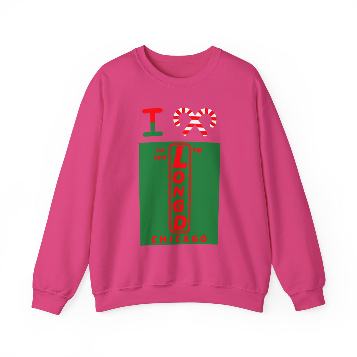 I candy cane LongD Chicago upright front-back logo positive red on negative green crewneck sweatshirt