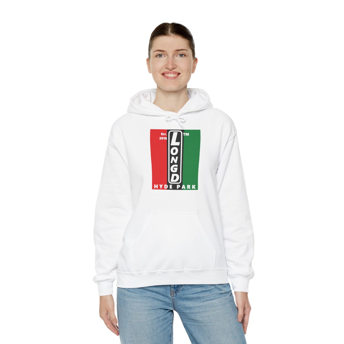 LongD® negative vertical 3-striped upright Hyde Park logo hoodie (Juneteenth colors)