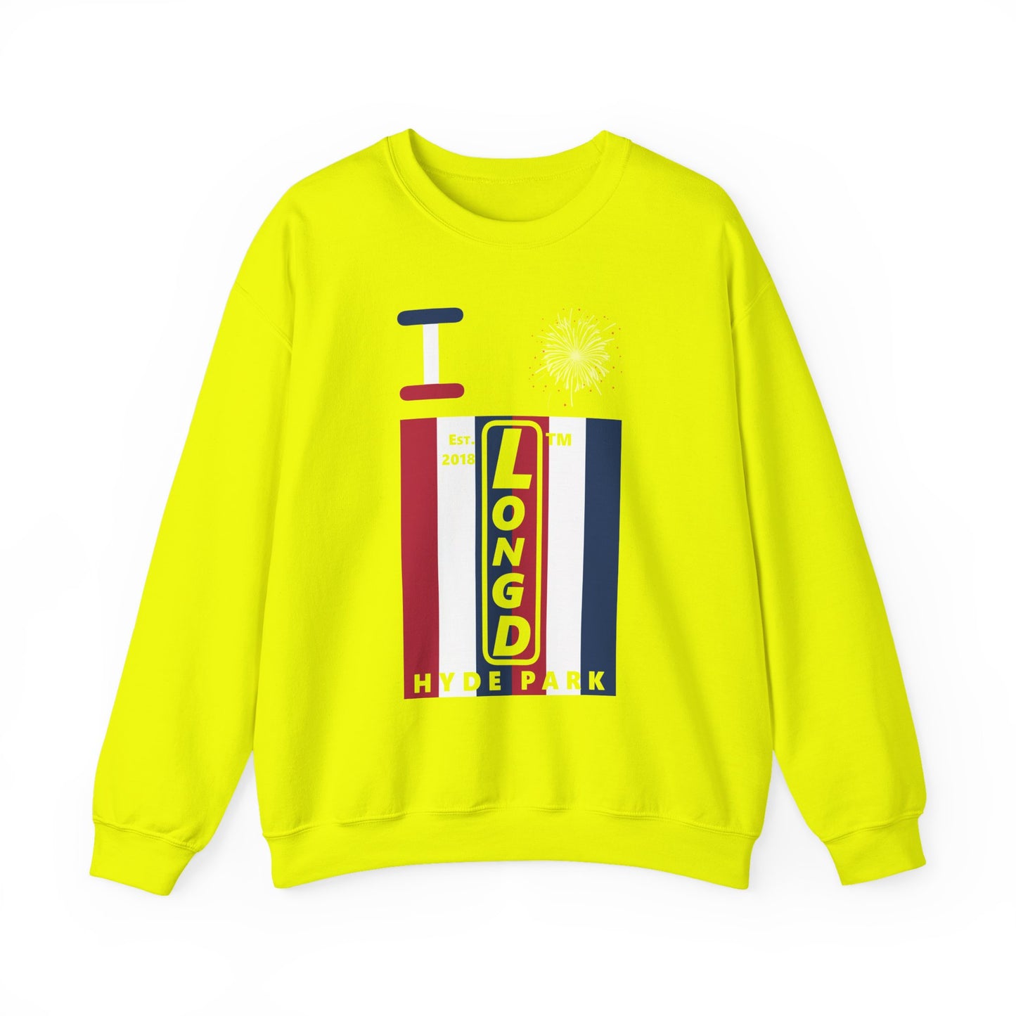 I Burst LongD negative vertical 6-striped Hyde Park upright logo crewneck sweatshirt