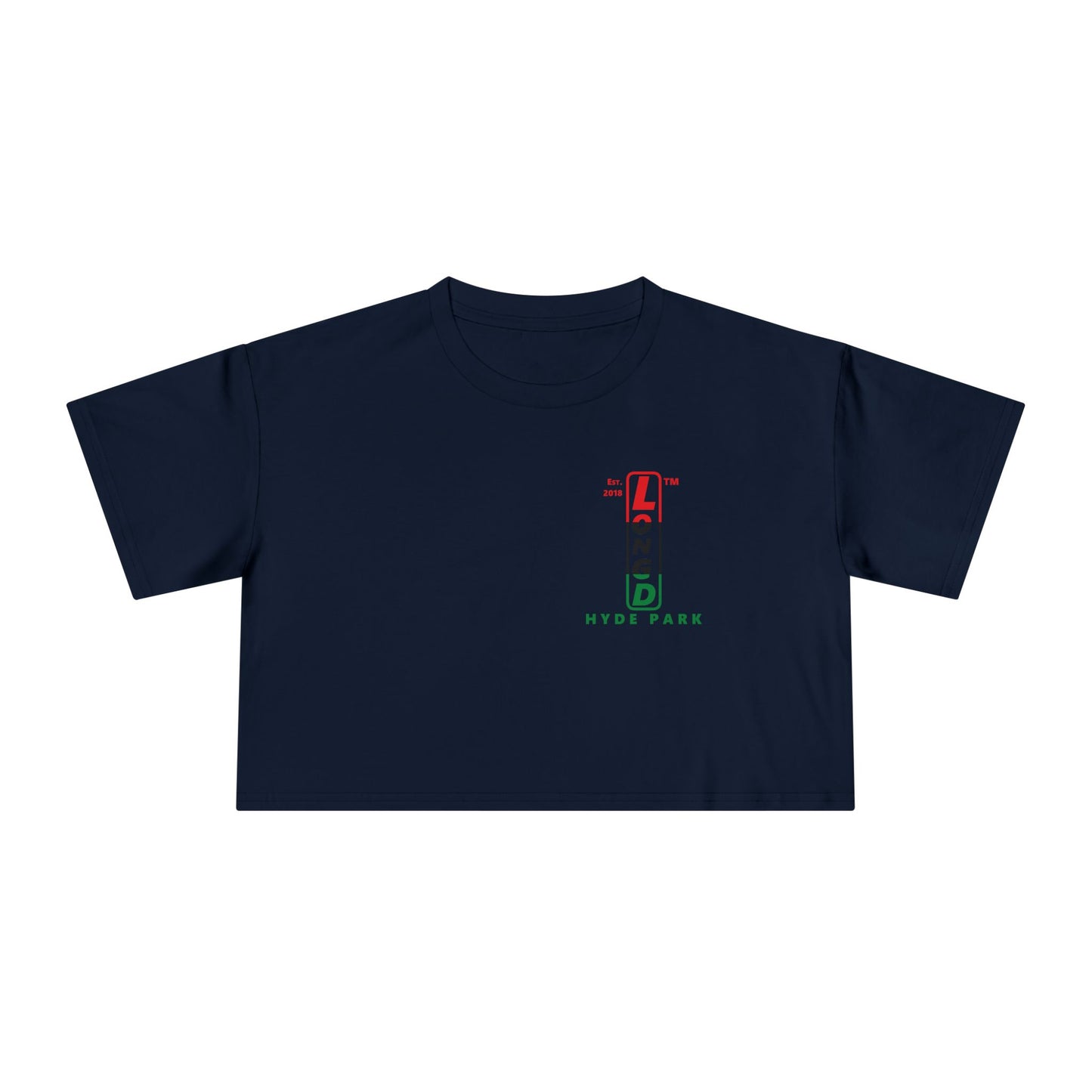 Positive horizontal 3-striped upright single-breasted Hyde Park logo crop tee (Juneteenth colors)