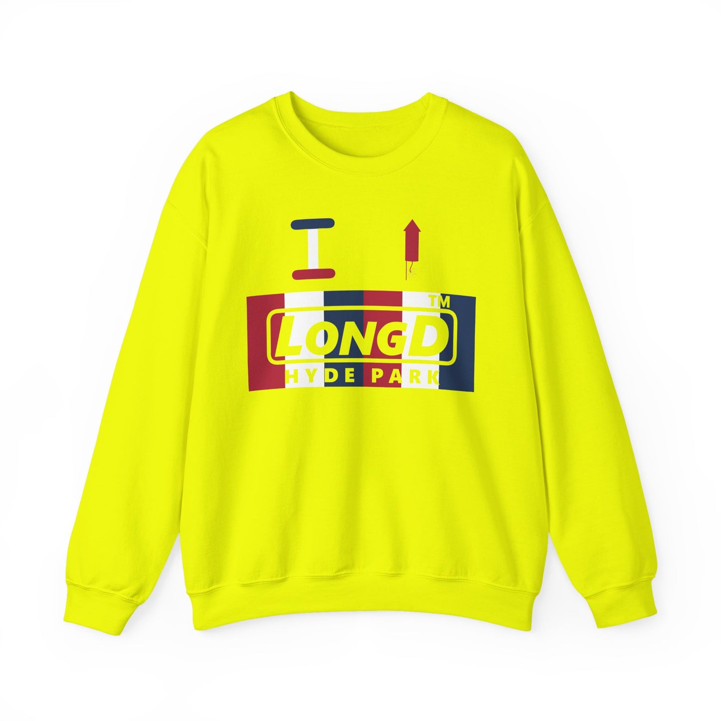 I firecracker LongD negative vertical 6-striped Hyde Park logo crewneck sweatshirt