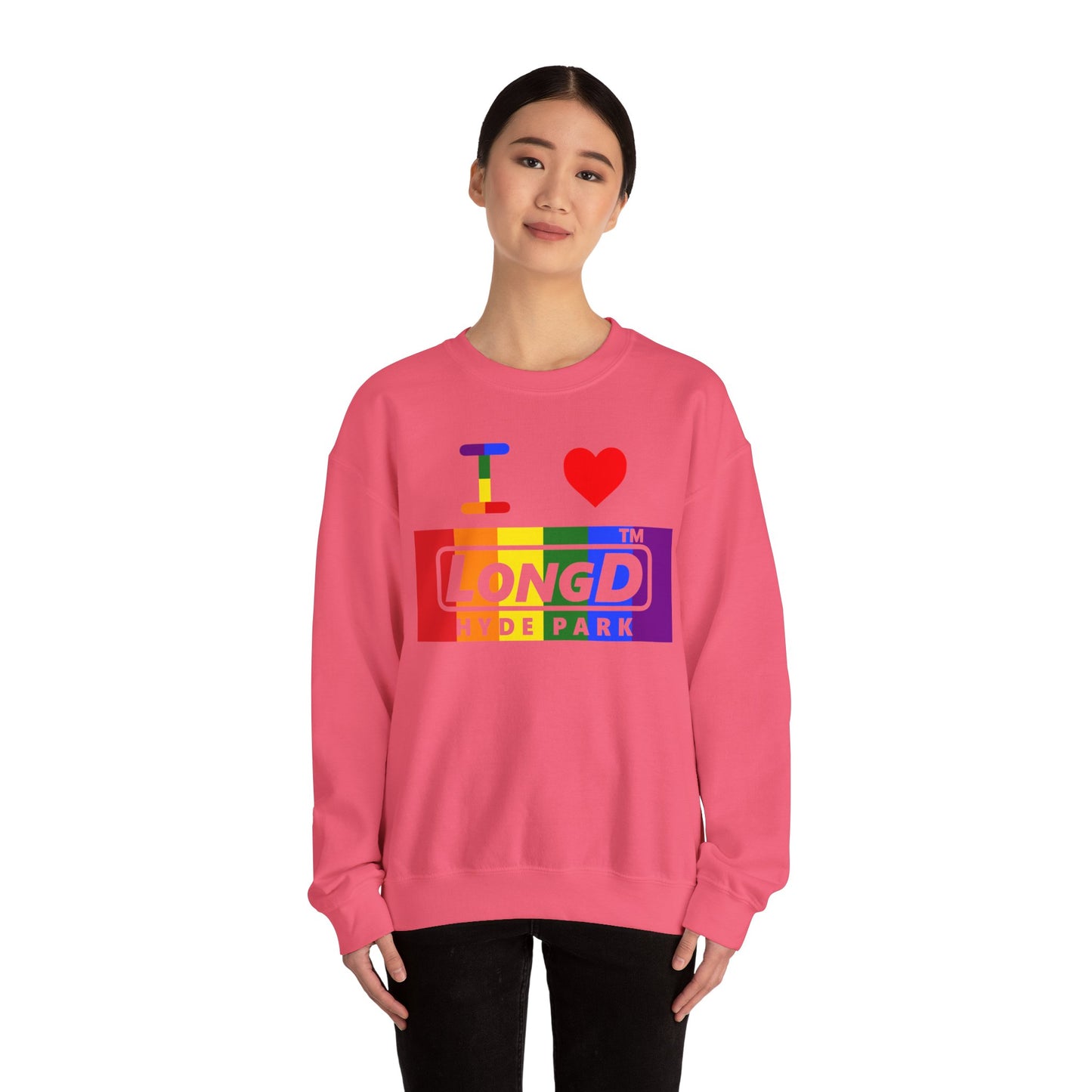 I Luv LongD negative vertical striped Hyde Park logo crewneck sweatshirt (Pride colors)