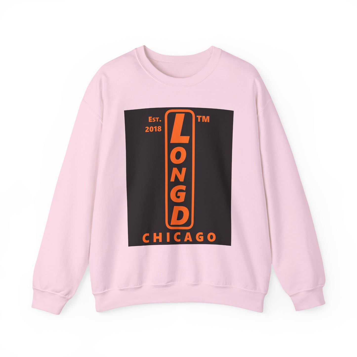 LongD Chicago upright front-back logo orange (FE7518) on Black (000000) crewneck sweatshirt
