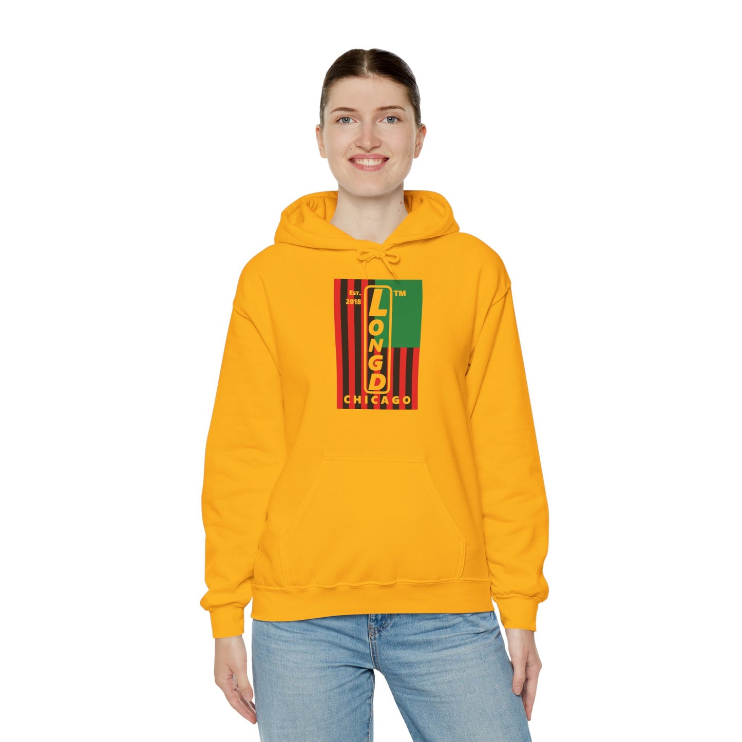 LongD® negative cropped flag upright Chicago logo hoodie (Juneteenth colors)
