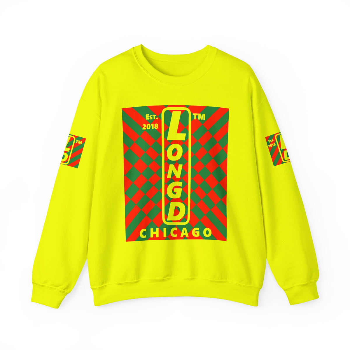 LongD Chicago negative upright stylized argyle 4-print logo (Xmas colors) crewneck sweatshirt